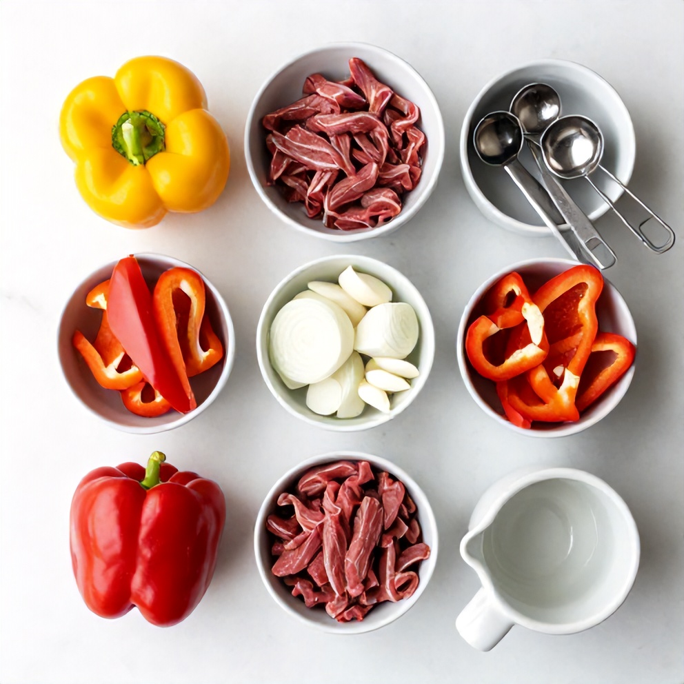 Overhead flat lay of flank steak strips, yellow bell pepper, red bell pepper, white onion, garlic cloves, cumin seeds, dried oregano, tomato sauce, olive oil, and bay leaves on white marble surface with stainless steel measuring spoons and small prep bowls.