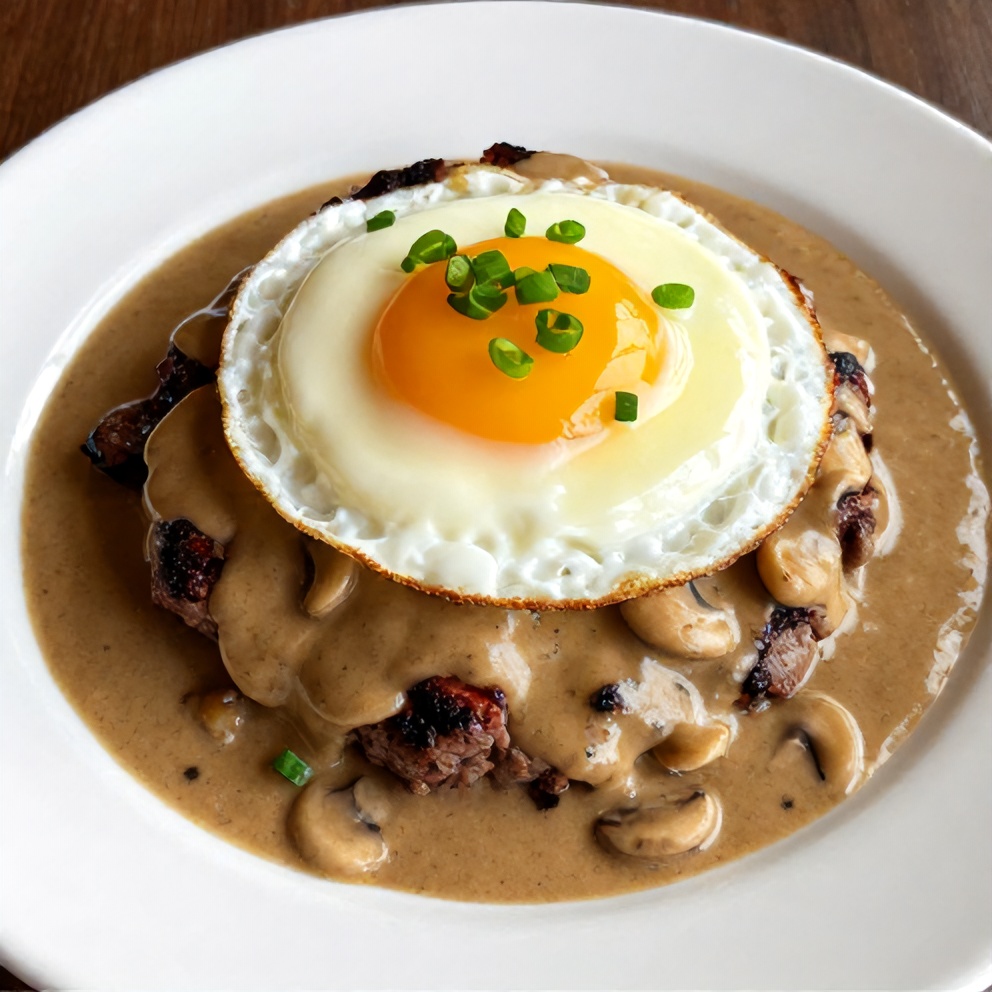 A plated classic Hawaiian loco moco garnished with green onions served on a white ceramic plate