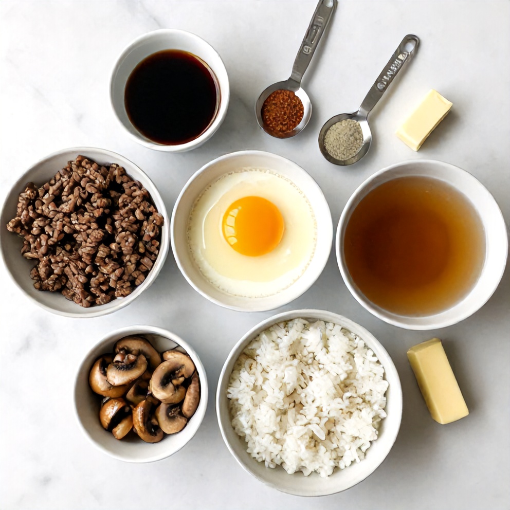 Raw ingredients for classic Hawaiian loco moco including ground beef, mushrooms, eggs, white rice, and seasonings displayed overhead