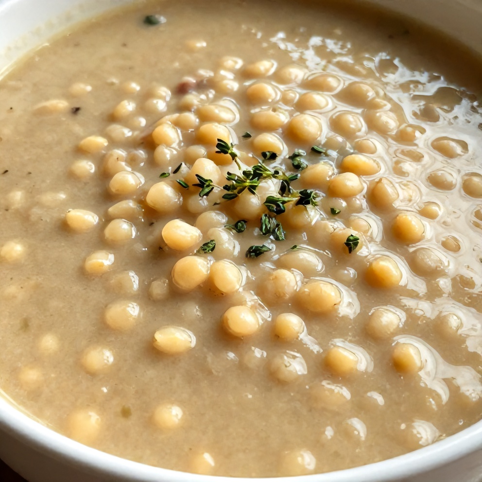 Bowl of Classic Split Pea Soup with a sprinkle of fresh thyme