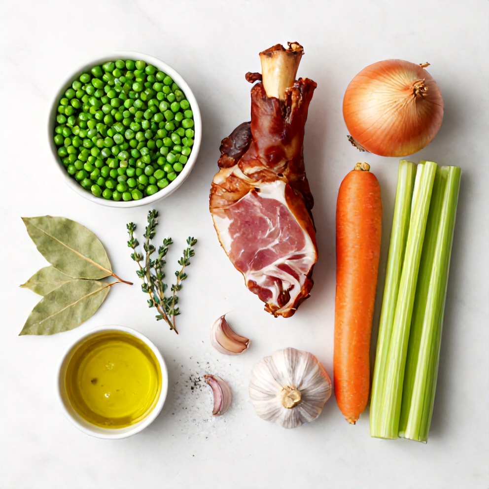 Split peas, ham hock, onion, carrots, celery, garlic, bay leaves, thyme, salt, pepper