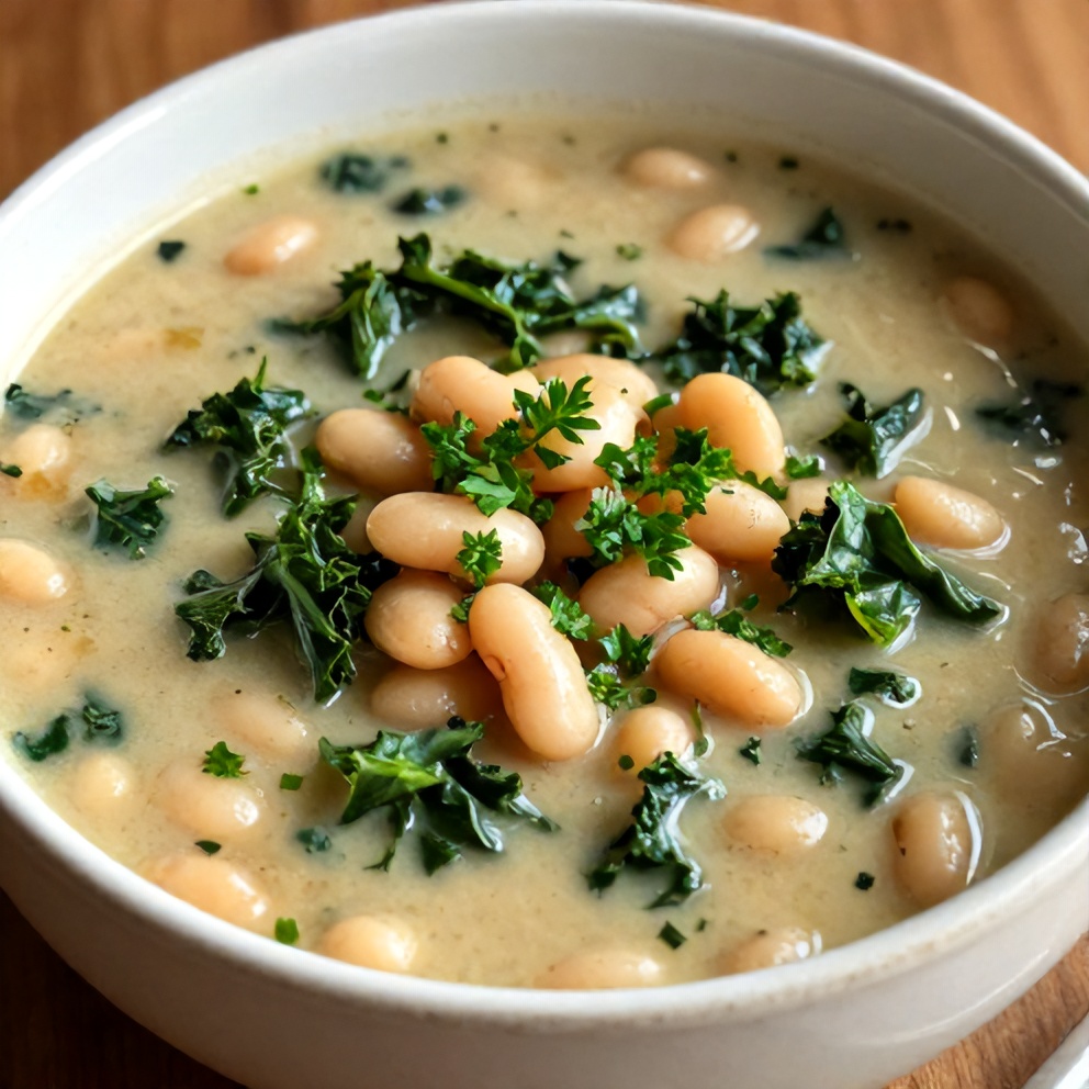One serving of white bean and kale soup garnished with fresh parsley in a white bowl