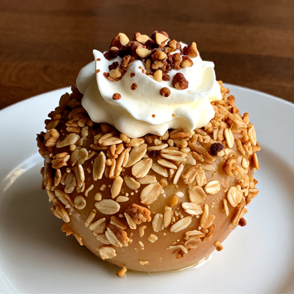Plated Baked Stuffed Apples with a dollop of whipped cream