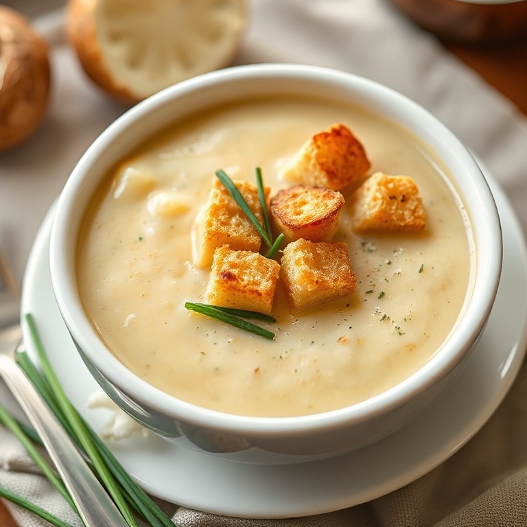 Plated cozy garlic potato soup in a white ceramic bowl, topped with crispy garlic croutons and fresh chives