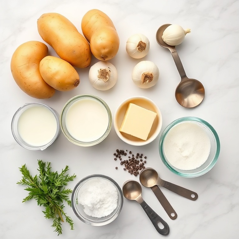Raw ingredients for cozy garlic potato soup: russet potatoes, yellow onions, garlic cloves, whole milk, butter, fresh thyme