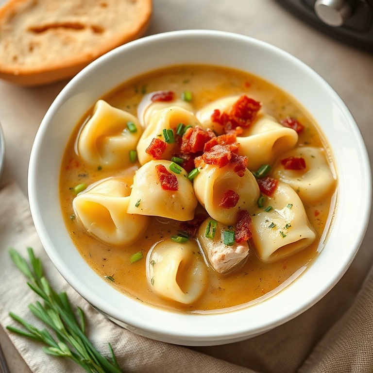 One bowl of cozy slow cooker crack chicken tortellini soup filled 90% of frame, garnished with fresh chives and extra bacon crumbles, served in a white ceramic deep bowl on a slate surface with warm side lighting