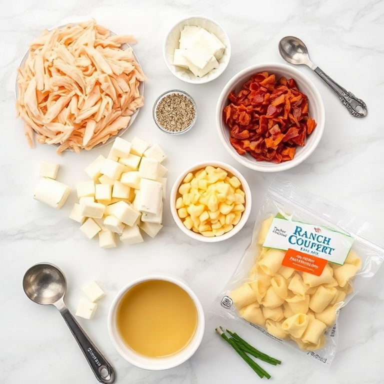 Overhead flat lay of raw ingredients: shredded cooked chicken, cream cheese, ranch seasoning mix, garlic powder, crumbled bacon, frozen cheese tortellini, chicken broth, and dried chives on white marble with stainless steel measuring spoons and small prep bowls
