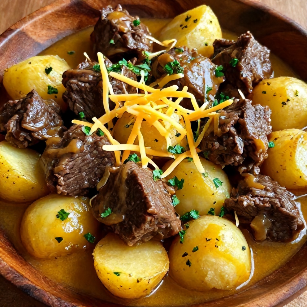 Plated serving of slow cooker beef bites with potatoes
