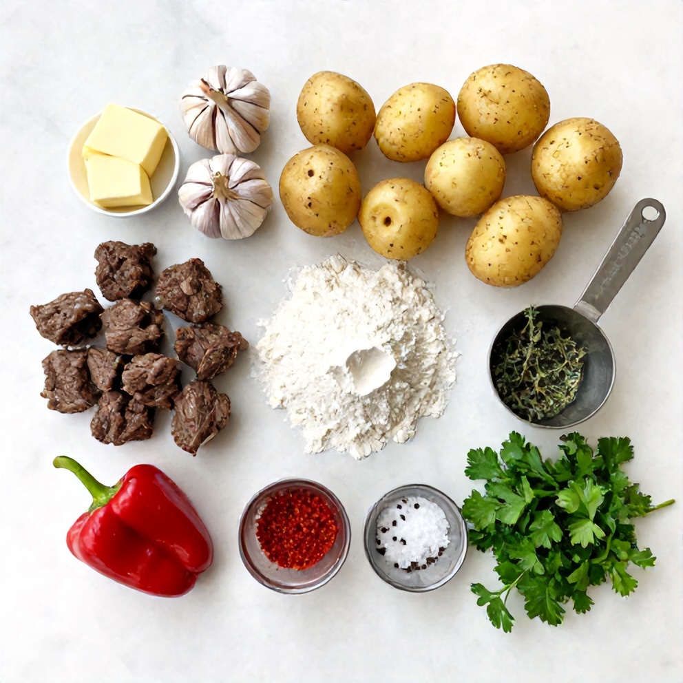 Raw ingredients for slow cooker beef bites with potatoes