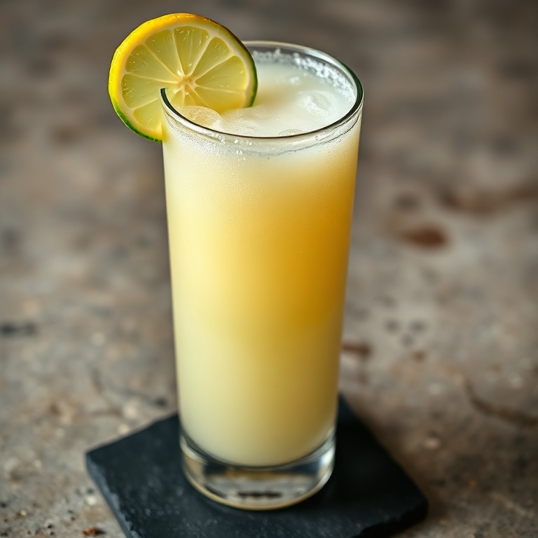 Glass of creamy brazilian lemonade topped with a thin lime wheel garnish, served on a dark slate coaster, condensation beading on glass