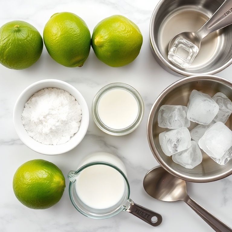 Fresh limes, granulated sugar, sweetened condensed milk, cold water, and ice cubes arranged on white marble with stainless steel measuring cups and spoons