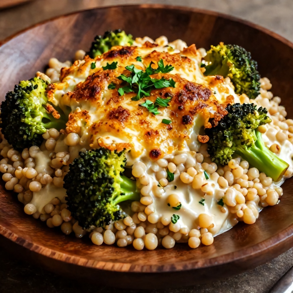 Creamy Broccoli and Quinoa Bake served on a plate with a sprinkle of parsley