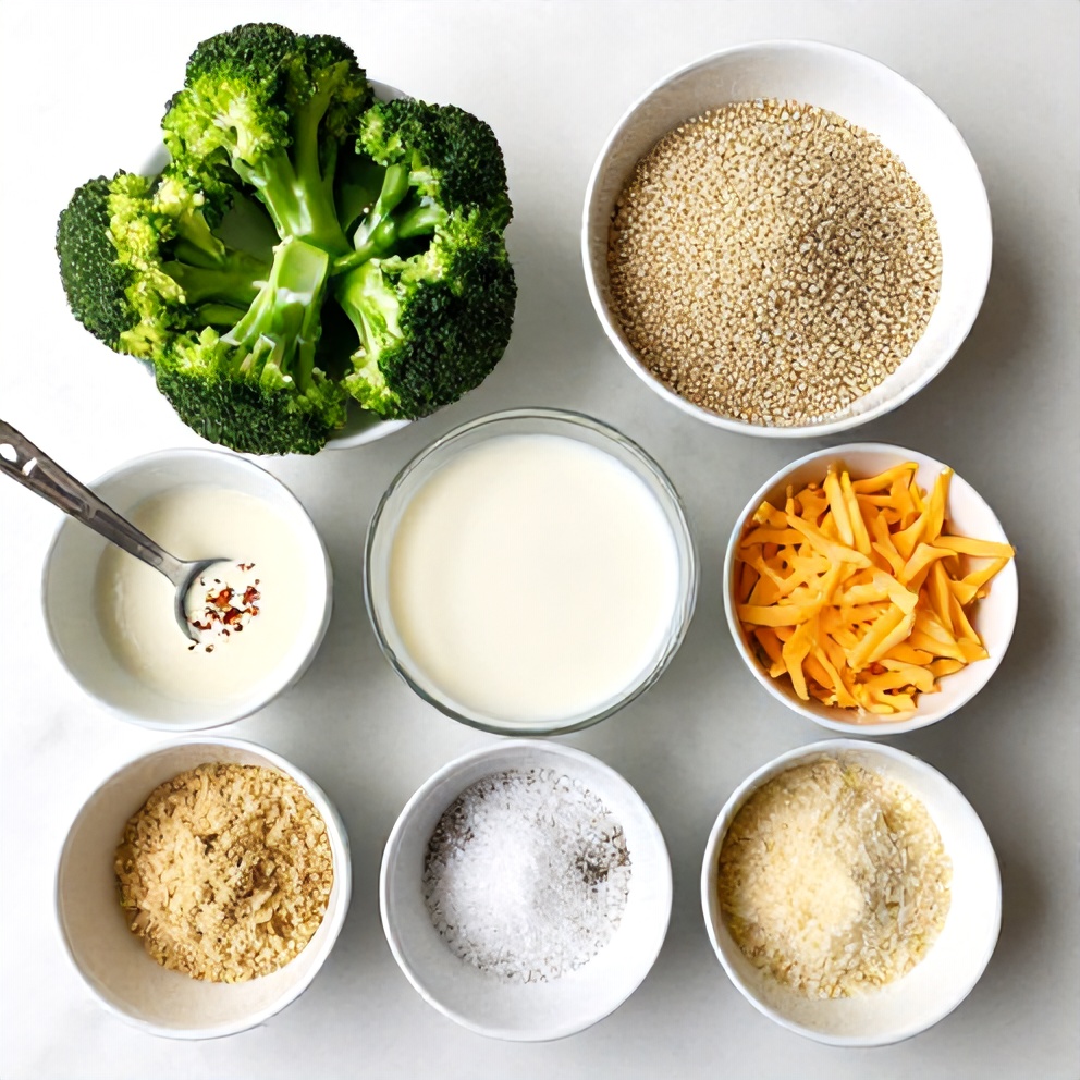 Raw ingredients for Creamy Broccoli and Quinoa Bake on a white marble surface