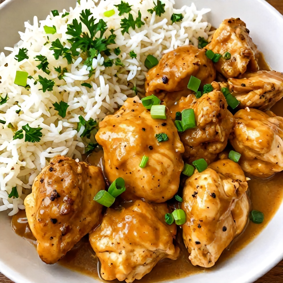Plated serving of Cajun Butter Chicken with a side of rice