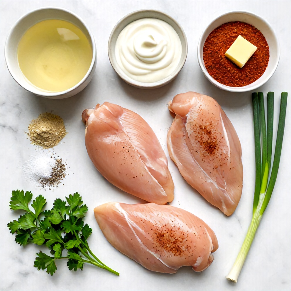 Raw ingredients for Cajun Butter Chicken arranged in a flat lay