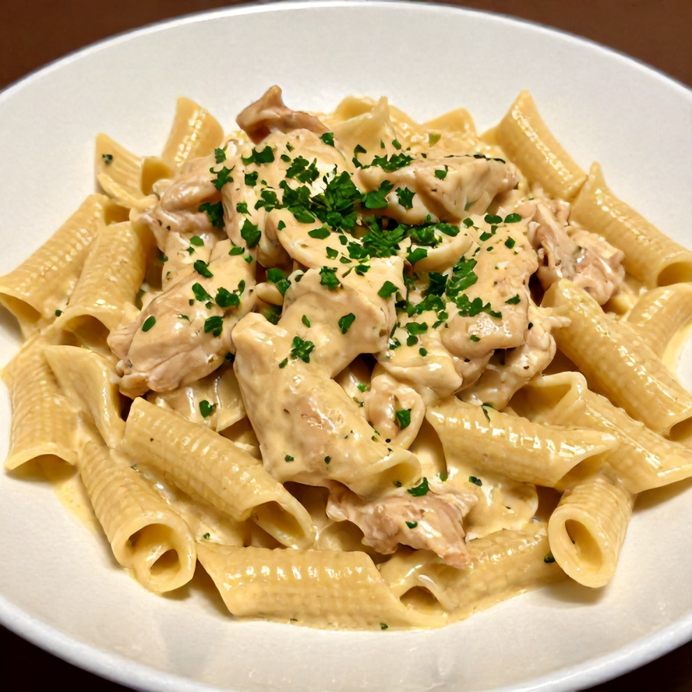Plated creamy cajun chicken pasta garnished with parsley on white bowl with warm lighting
