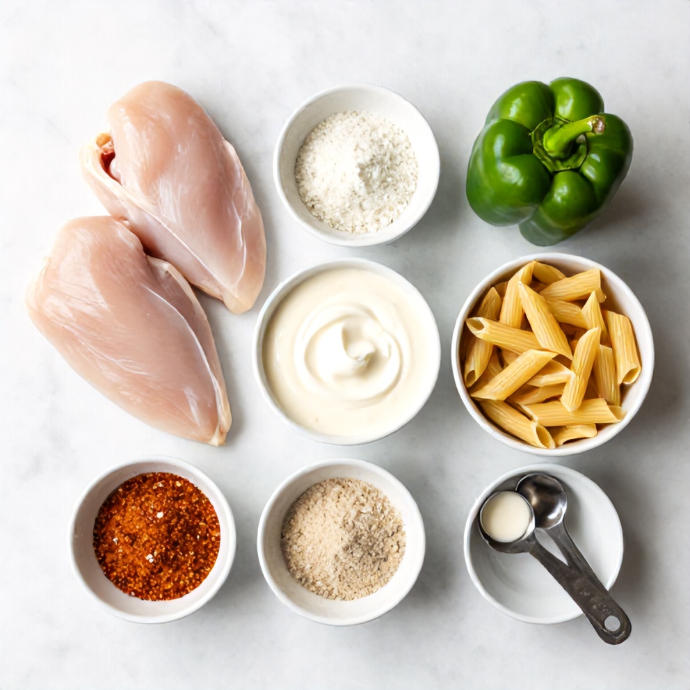 Raw ingredients including chicken breasts, penne pasta, heavy cream, bell peppers, and cajun seasoning
