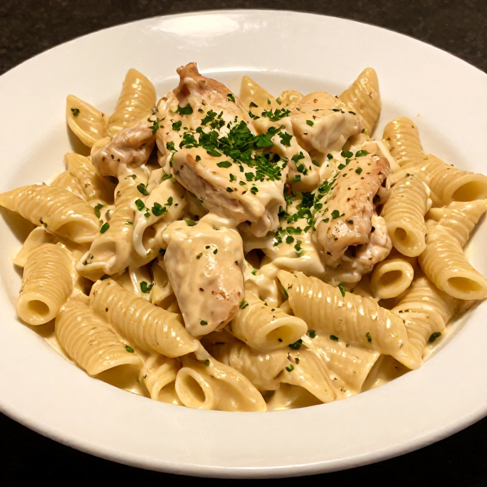 Plated Cajun Chicken Pasta with parsley garnish