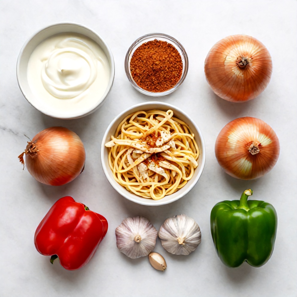 Cajun Chicken Pasta ingredients flat lay