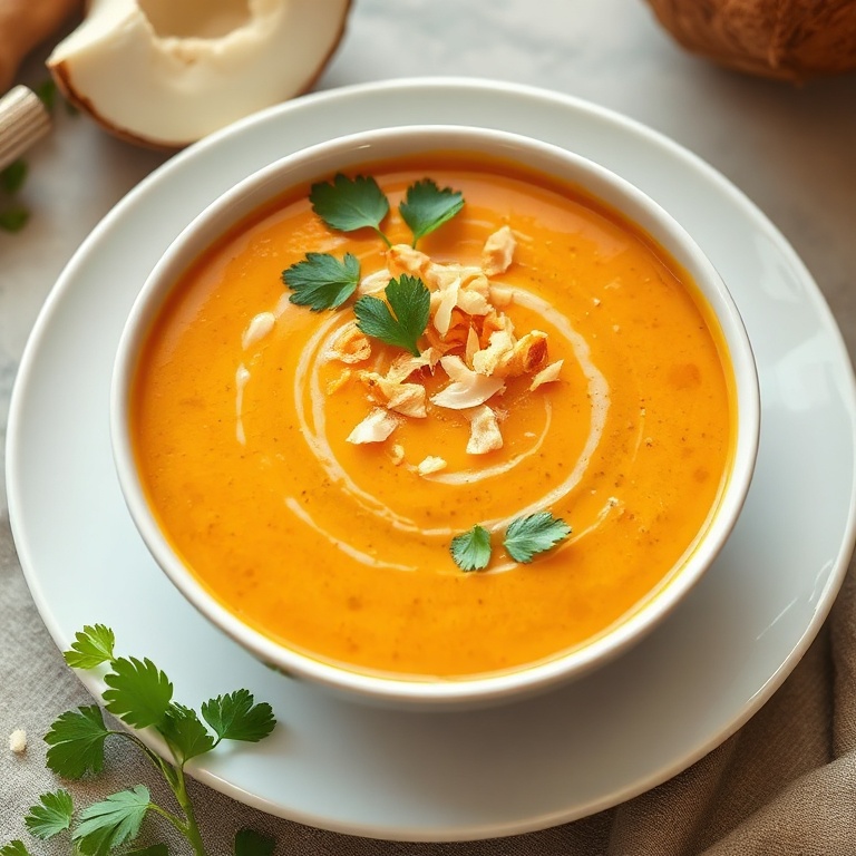 Plated creamy carrot ginger soup with coconut milk in a wide ceramic bowl, garnished with toasted coconut flakes and fresh cilantro leaves, warm side lighting highlighting smooth surface and texture