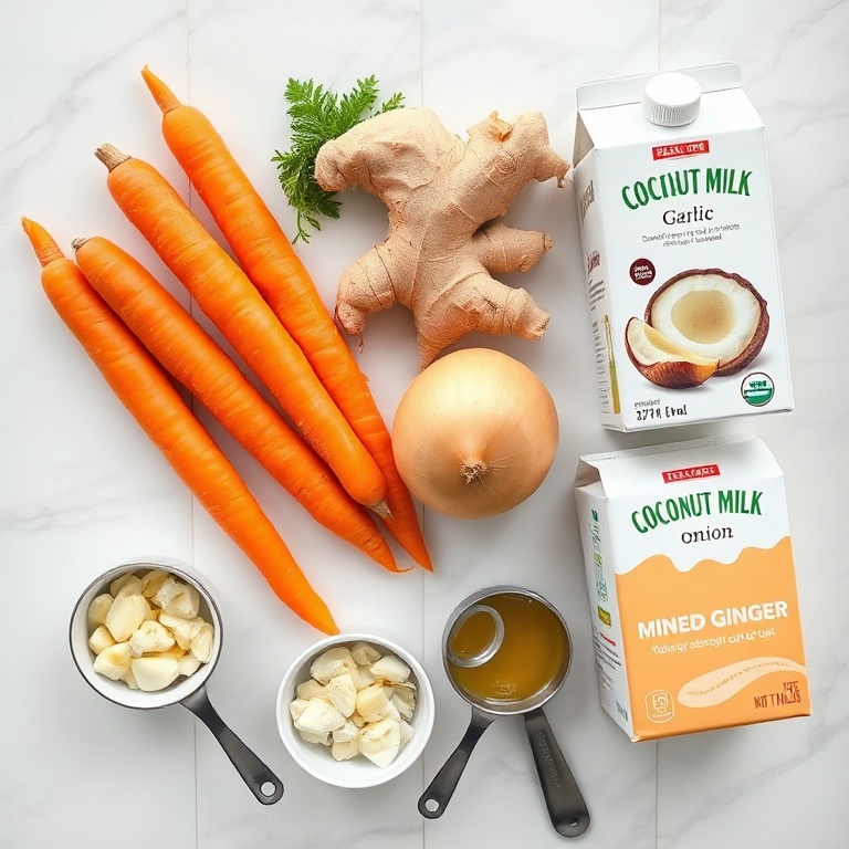 Overhead flat lay of raw ingredients: orange carrots, fresh ginger root, yellow onion, coconut milk carton, garlic cloves, with small prep bowls, measuring spoons, and glass measuring cup on white marble surface