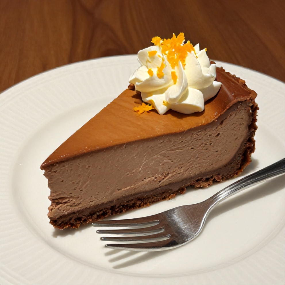 Sliced Chocolate Orange Cheesecake on a white plate with a fork