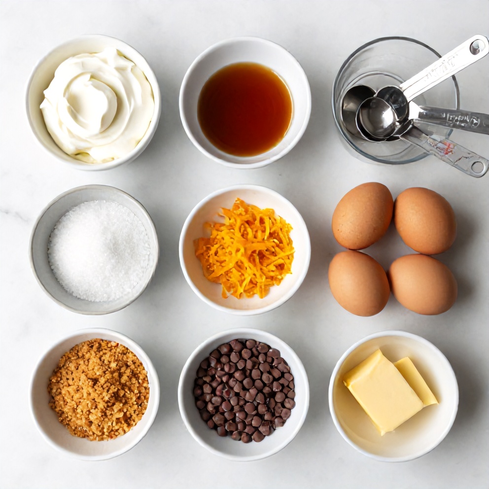 Chocolate Orange Cheesecake ingredients including cream cheese, orange zest, and chocolate chips