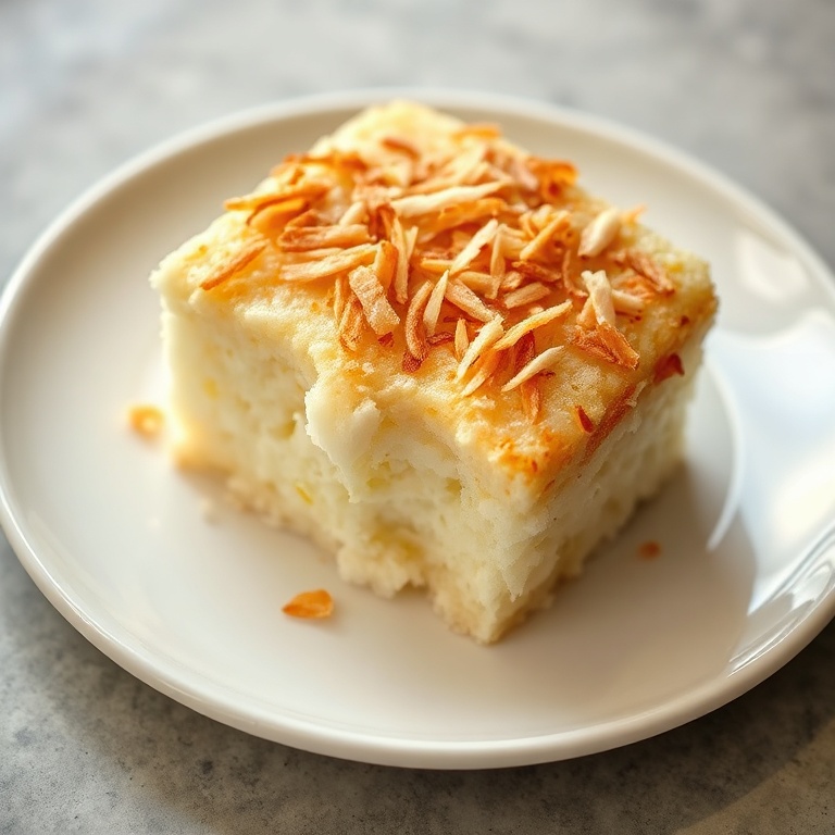 One slice of creamy coconut rice cake garnished with toasted coconut flakes on a white plate