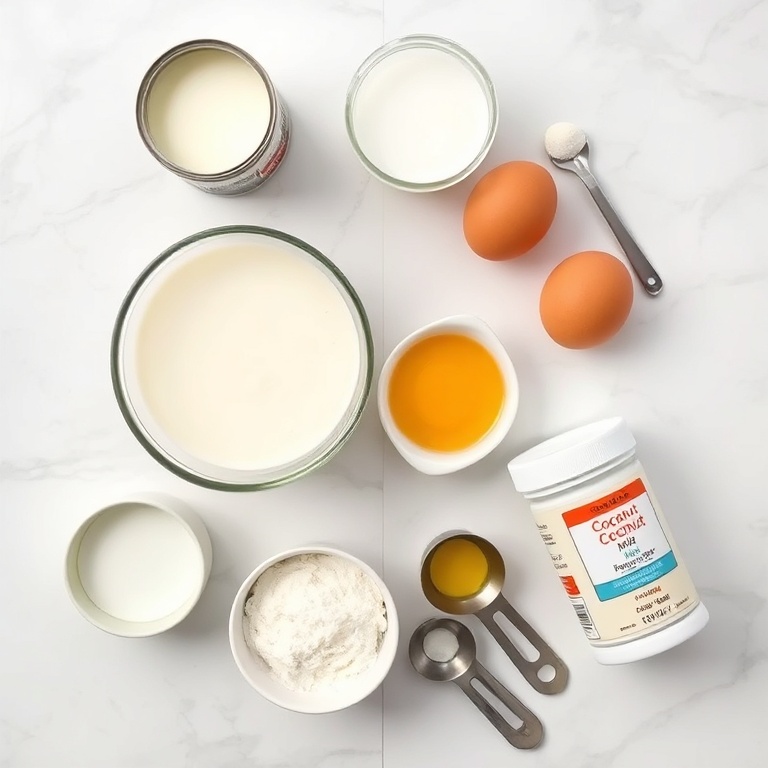 Raw ingredients for creamy coconut rice cake including coconut milk, rice flour, sugar, eggs, and baking powder on white surface
