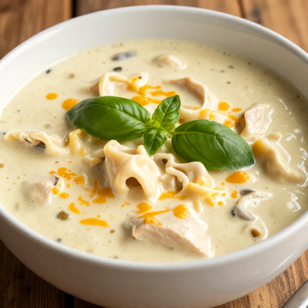 A single serving of creamy chicken parmesan soup garnished with fresh basil in a white bowl on a wooden table