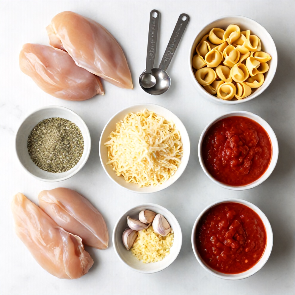 Overhead view of raw chicken, shredded parmesan, tomato sauce, cheese tortellini, garlic cloves arranged on a marble surface with prep bowls