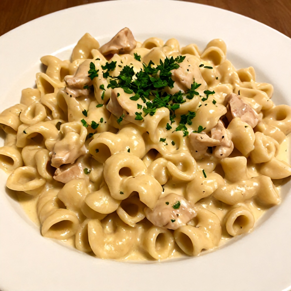 One perfect plated serving of Creamy Crockpot Chicken Tortellini, topped with fresh parsley, on a white plate.