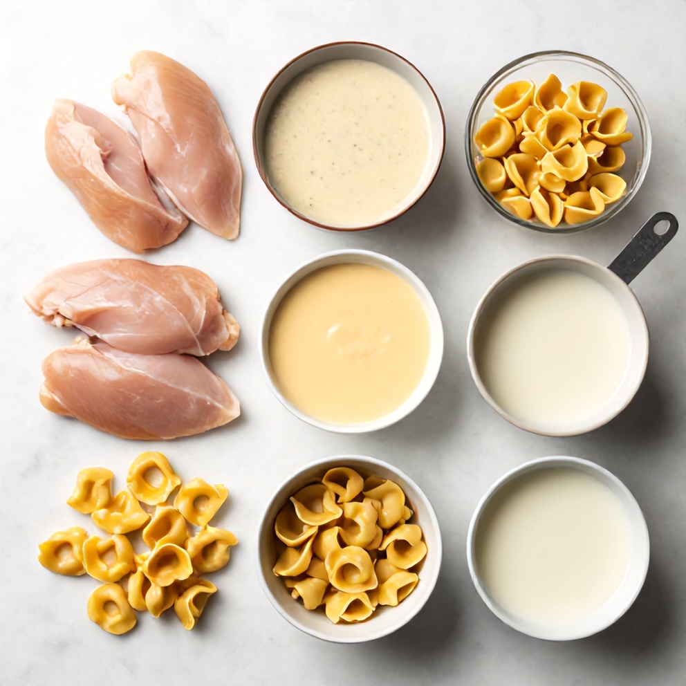 Raw ingredients for Crockpot Chicken Tortellini arranged as an overhead flat lay, including chicken breasts, cheese tortellini, and cream of chicken soup.