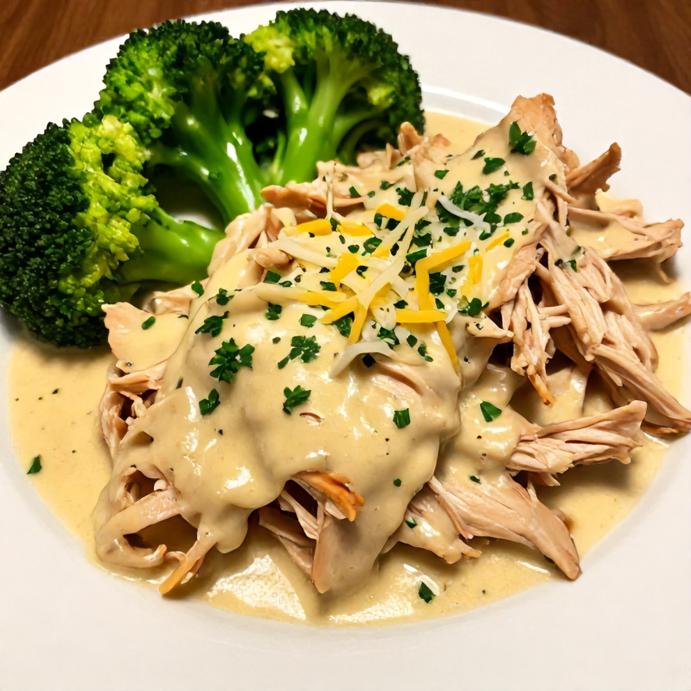 Plated serving of Creamy Crockpot Marry Me Chicken with a garnish of fresh parsley