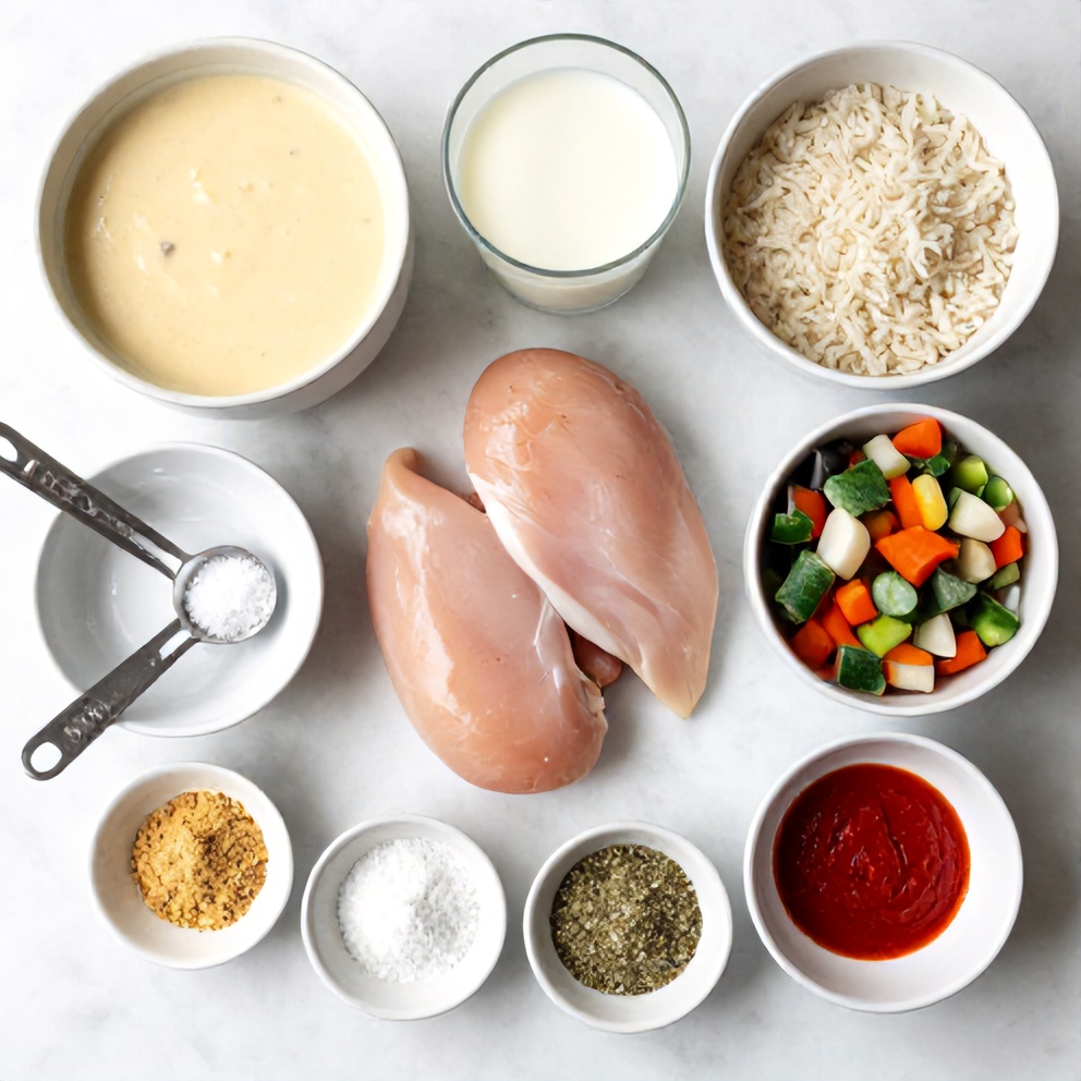 Raw ingredients for Creamy Crockpot Marry Me Chicken arranged on a marble surface