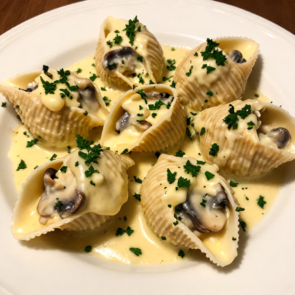 Single plated serving of creamy garlic mushroom stuffed shells garnished with fresh parsley on white plate