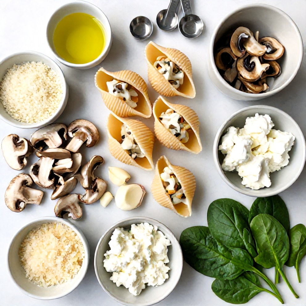 Overhead view of raw jumbo pasta shells, fresh mushrooms, garlic cloves, ricotta cheese, and spinach with measuring spoons
