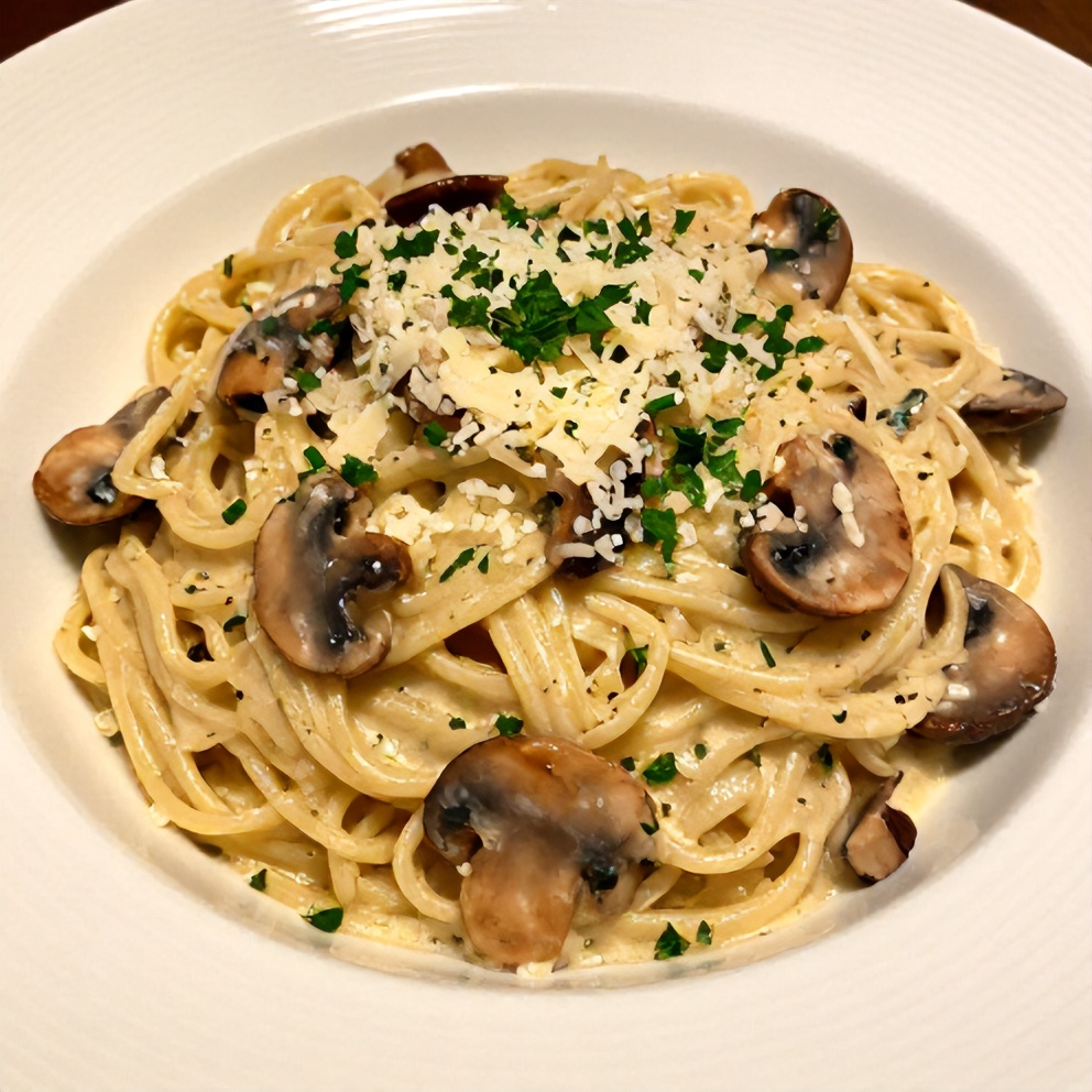 Plated Gorgonzola Truffle Mushroom Sauce Pasta