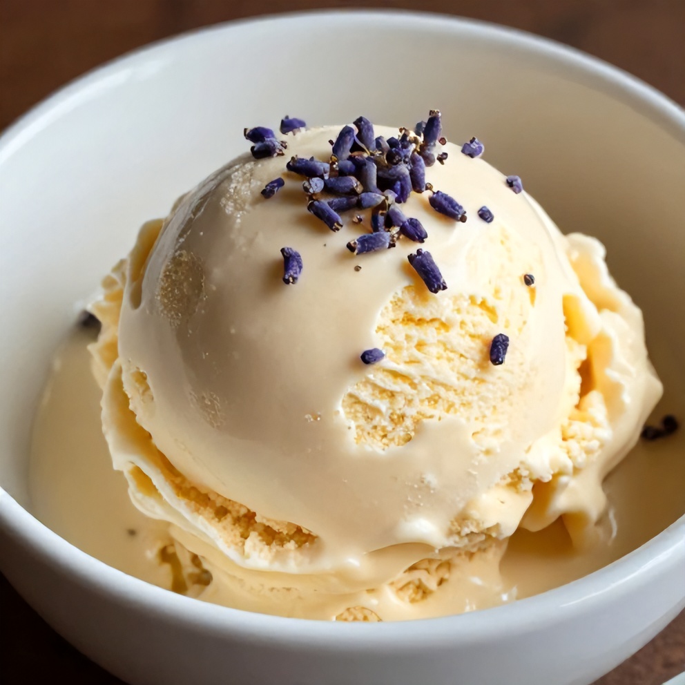 Single serving scoop of honey lavender ice cream garnished with lavender buds in a white bowl