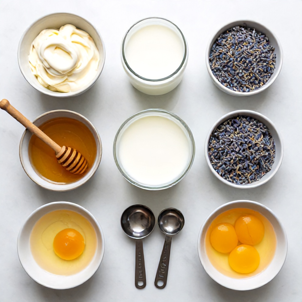 Raw ingredients including heavy cream, honey, fresh lavender, eggs, milk, and sugar arranged on white marble surface