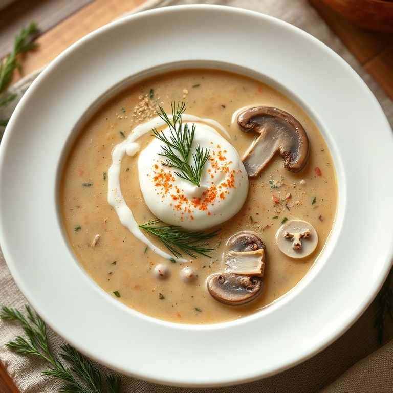 Creamy Hungarian mushroom soup served in a deep white ceramic bowl, topped with sour cream, fresh dill, and a dusting of paprika, placed on a dark slate surface with warm side lighting.