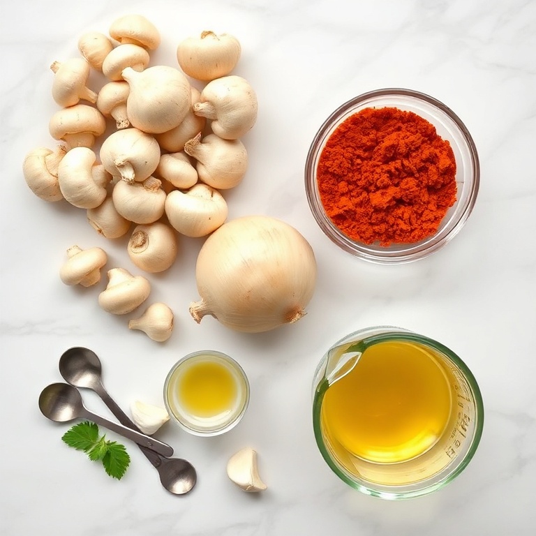 Raw ingredients for creamy Hungarian mushroom soup: cremini mushrooms, yellow onion, garlic cloves, Hungarian sweet paprika, and dry white wine arranged on white marble with small prep bowls and measuring spoons.