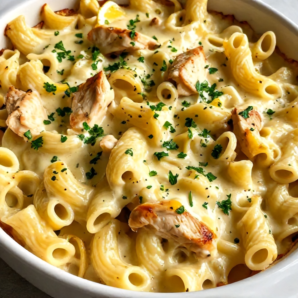 Plated Creamy Lemon Chicken Pasta Bake