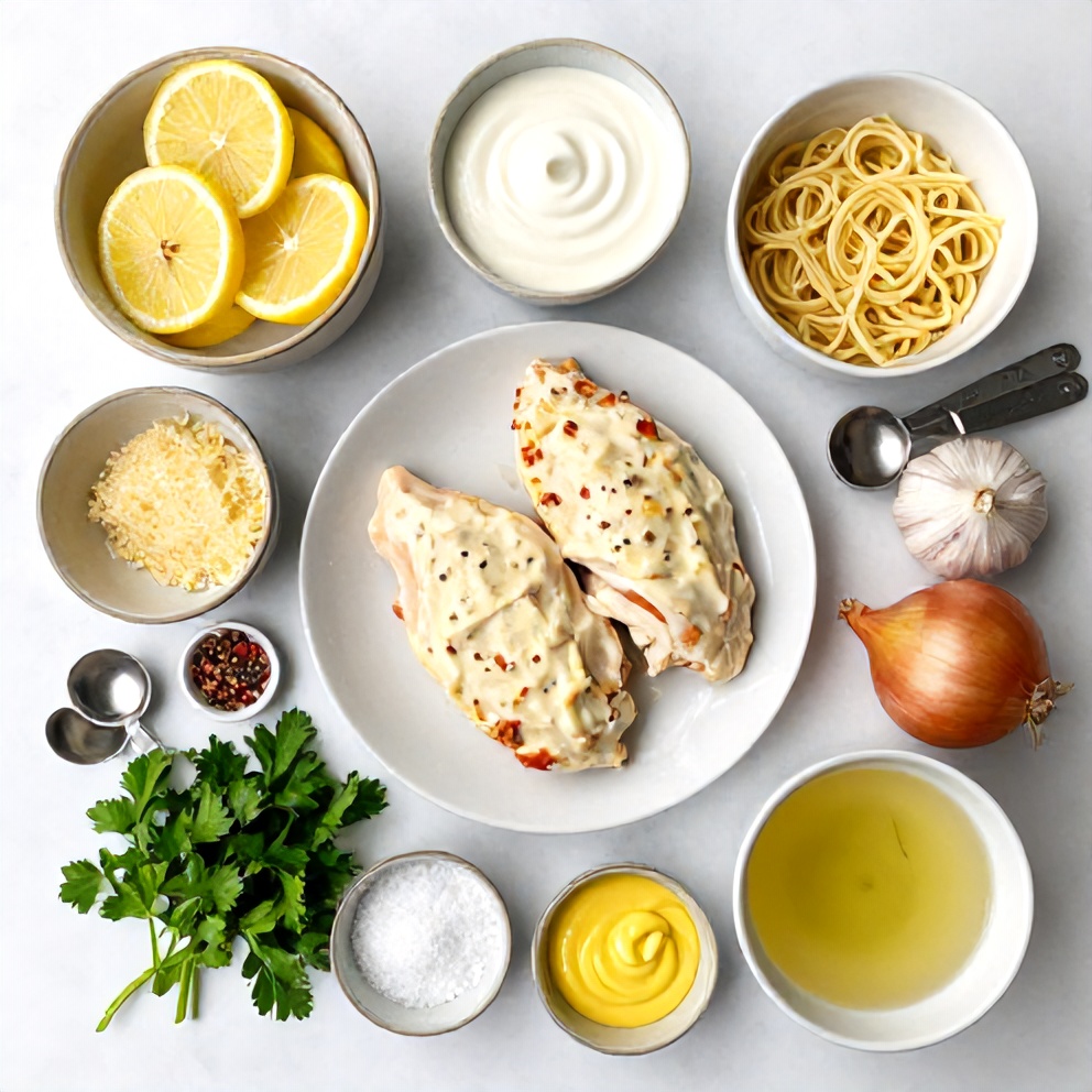 Raw Ingredients for Creamy Lemon Chicken Pasta Bake