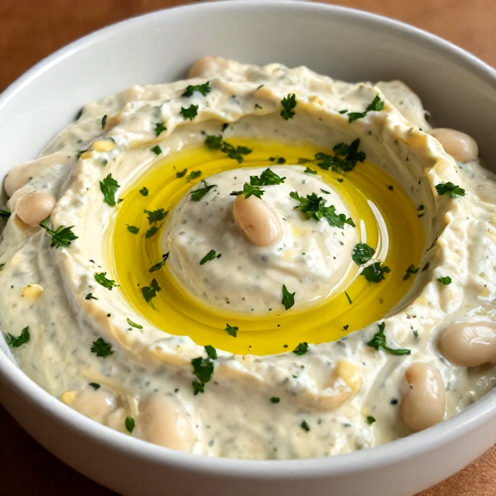Plated creamy lemon herb white bean dip garnished with chopped parsley in a white bowl with a spoon
