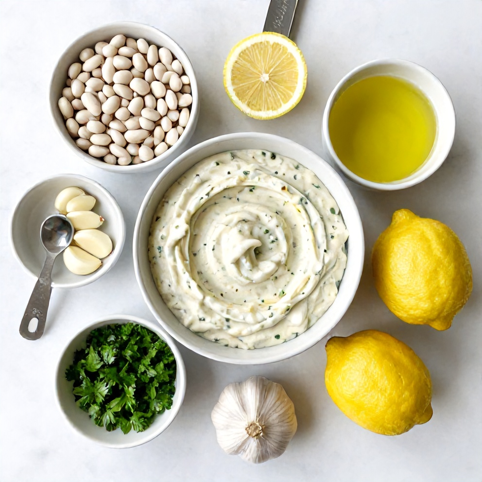 Overhead view of raw ingredients for creamy lemon herb white bean dip with white beans, lemon, garlic, and fresh herbs