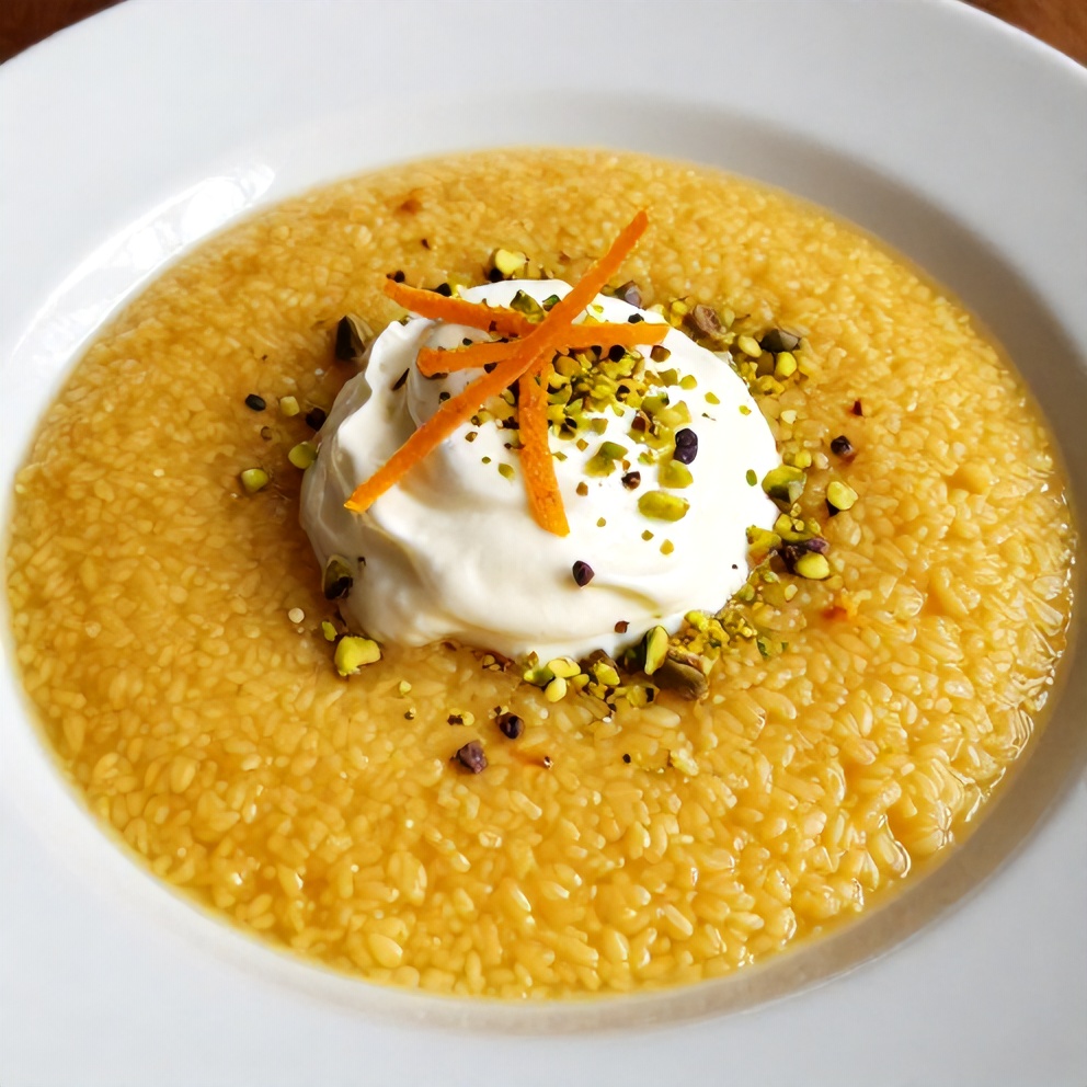 Plated Orange Blossom Semolina Pudding with Pistachios
