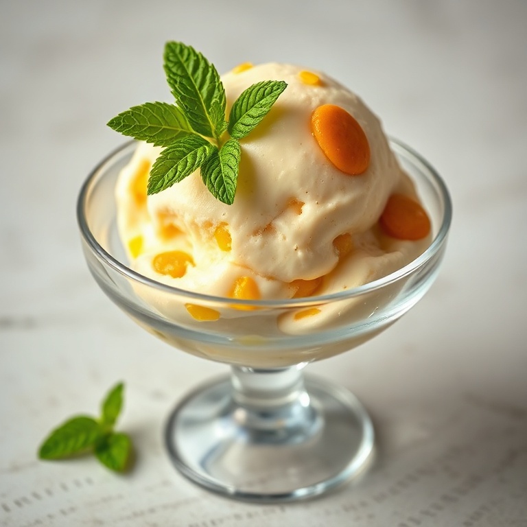 One scoop of creamy passionfruit ice cream in a vintage glass sundae dish, garnished with fresh passionfruit seeds and a mint leaf, smooth glossy surface with visible yellow flecks, warm side lighting highlighting texture, photorealistic food photography.