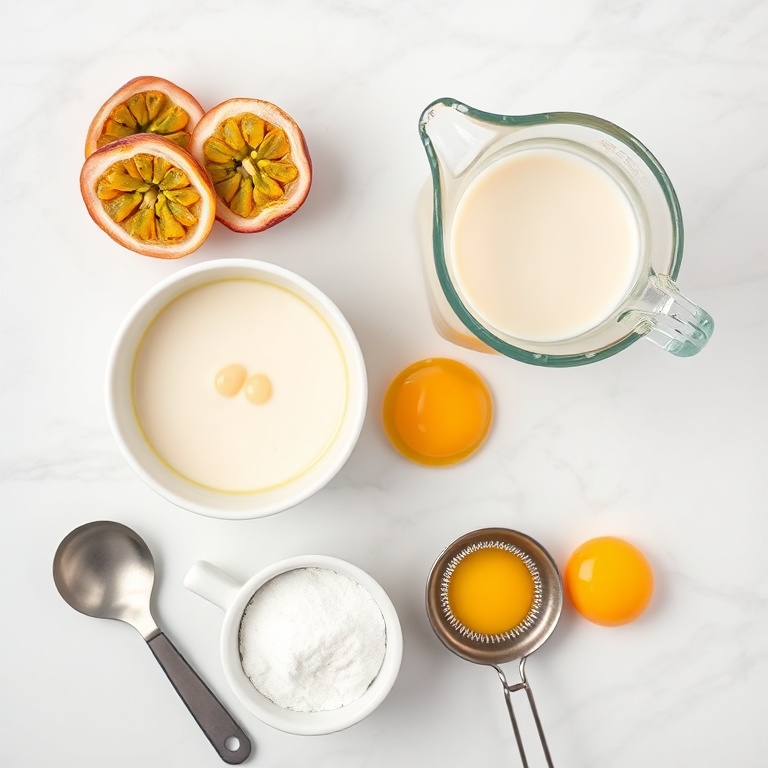 Overhead flat lay of fresh passionfruit pulp, heavy cream, whole milk, granulated sugar, egg yolks, small ceramic bowls and stainless steel measuring spoons on white marble surface, bright natural light, photorealistic food photography.