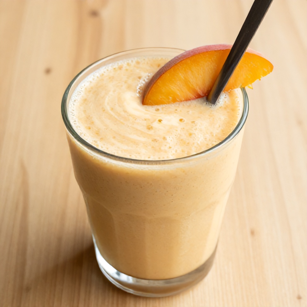 Creamy peach protein shake in a glass, with a spoon ready to stir